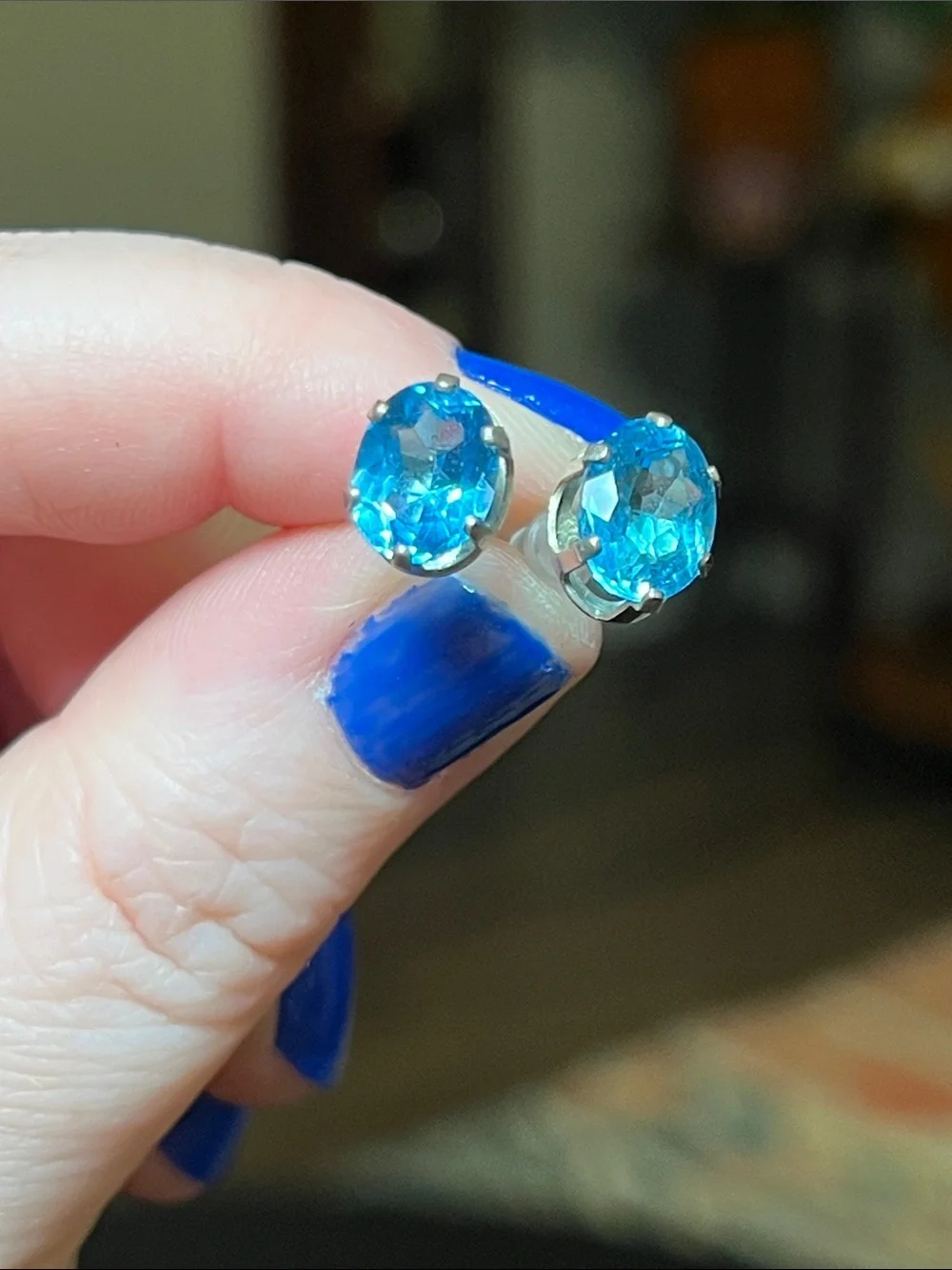 Vintage 925 Sterling Silver Faceted Blue Topaz Oval Stud Earrings